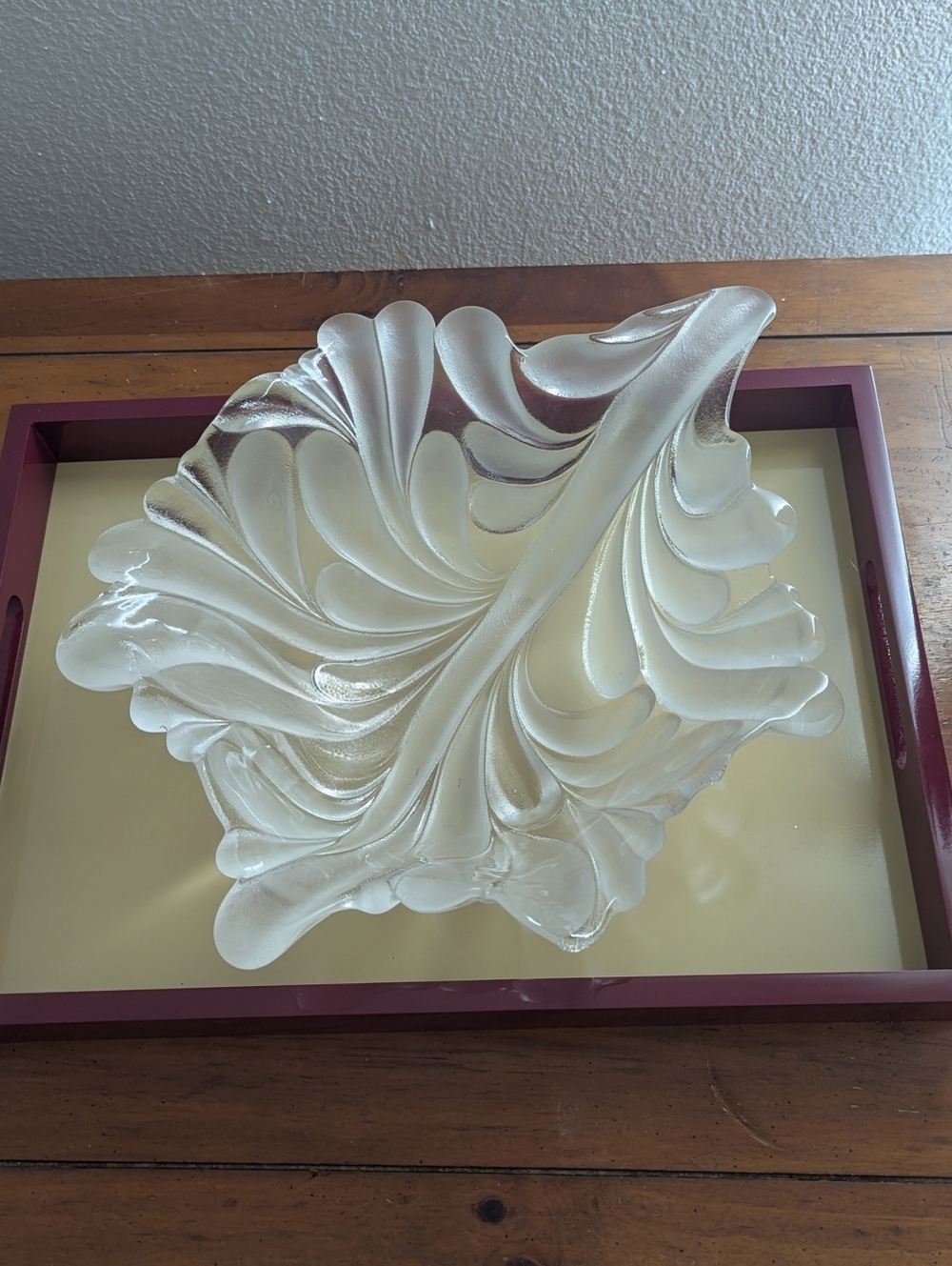Vintage Waltherglas Frosted and Clear Glass Leaf Decorative Bowl